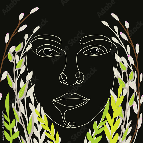 Line art portrait of a girl. Surreal portrait. Spring girl vector.
