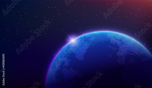 Map of the planet. World map. Global social network. Future. Vector. Violet and blue futuristic background with planet Earth. Internet and technology.