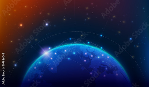 Map of the planet. World map. Global social network. Future. Vector. Violet and blue futuristic background with planet Earth. Internet and technology.