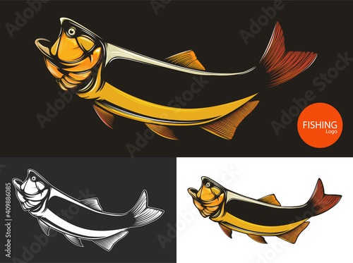Gold dorado fishing  logo. Salminus brasiliensis fish club emblem. Fishing theme illustration. Isolated on white.