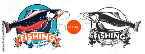 Salmon fishing  logo. Rainbow trout fish club emblem. Fishing theme illustration. Isolated on white.