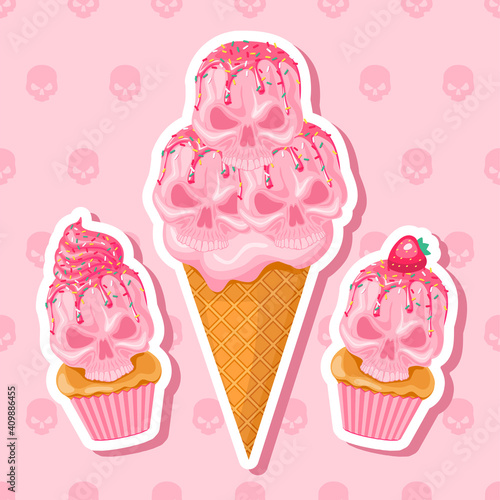 Waffle cone with strawberry ice cream in the shape of a skulls and skull cupcake with pink icing and sprinkles. Vector illustration for stickers, badges.