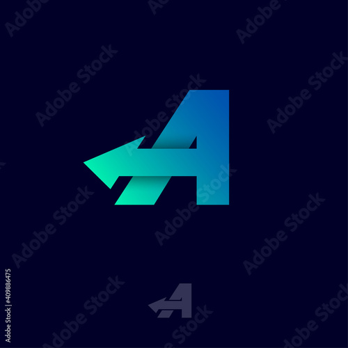 A letter. A monogram with arrow, isolated on a dark background. Logo can used for logistic and delivery company, mail and transportation.