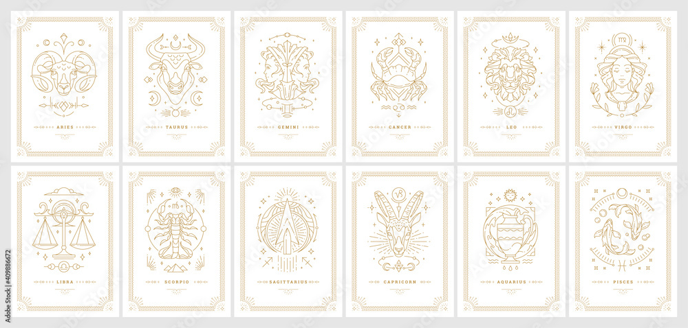 Zodiac astrology horoscope cards linear design vector illustrations set