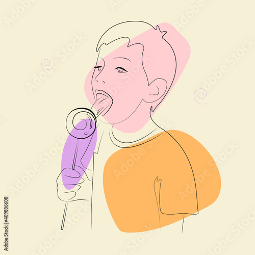 Line Art Boy Licks Spiral Lollipop  Abstract Background  Logo  icon  label  poster. Vector Illustration.