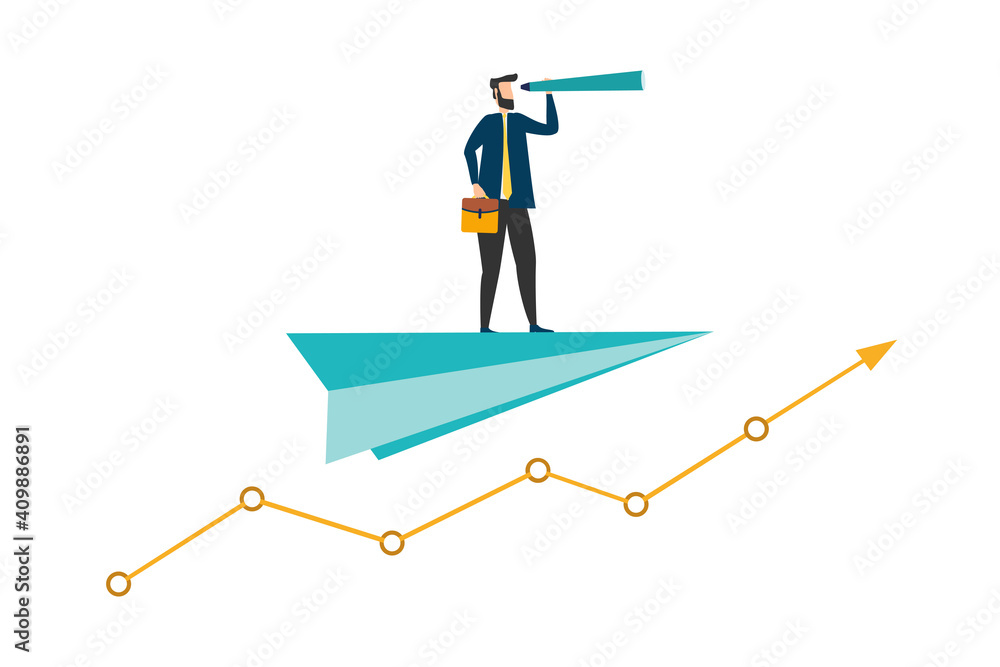 One Businessman standing holding binoculars on a paper plane flying up into the sky while flying above a arrow graph. business finance success. leadership. startup. creative idea. Vector One Businessman standing holding binoculars on a paper plane flying up into the sky while flying above a arrow graph. business finance success. leadership. startup. creative idea. Vector