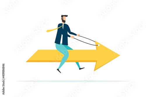 A business man sits astride the arrow. Arrow forward to target. Vector.