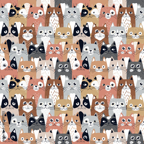 Funny cartoon cats. Seamless pattern.Texture for fabric, wrapping, wallpaper. Decorative print.