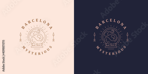 Hands of fortune teller and crystal ball logo template silhouette linear vector illustration