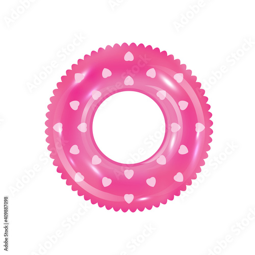 Pink inflatable ring vector. 3d realistic swimming toy in front view isolated on write background. Rubber rink with hearts on surface. Water park pool toy