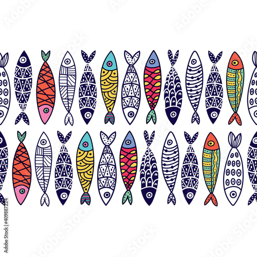 Vector seamless horizontal border with fish. Cute sardines.