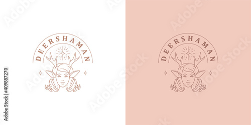 Female faun head with antlers logo linear vector illustration