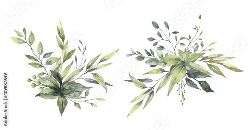 Watercolor floral illustration set - green leaf branches bouquets collection, for wedding stationary, greetings, wallpapers, fashion, background. Eucalyptus, olive, green leaves, etc. High quality