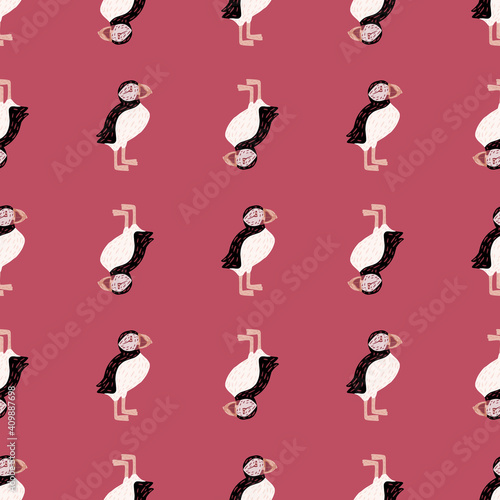Contrast seamless pattern in ornithology theme with doodle puffin bird shapes. Pink background.