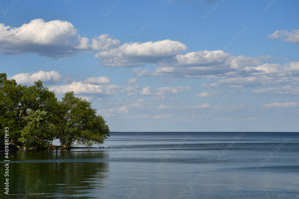 Lake Ontario seen from shore in Mississauga, Canada, on a sunny summer day