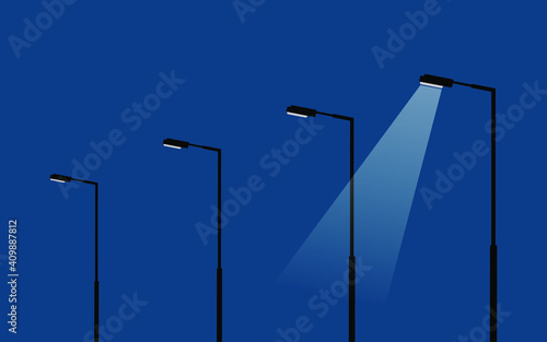 blue sky background, street lamps with the light spots, vector illustration, only one spot is lighting