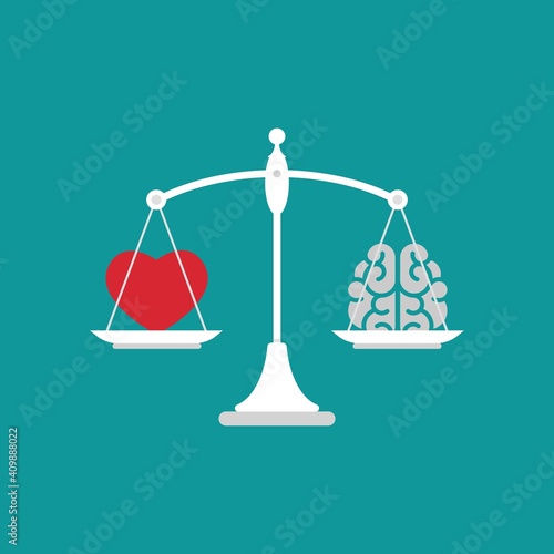 White mechanical scales with brain and red heart in pans. Love, like, sympathy value, solution and rationality balance.