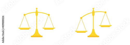 Golden mechanical scales balance icon set isolated on white. Justice, law scale.