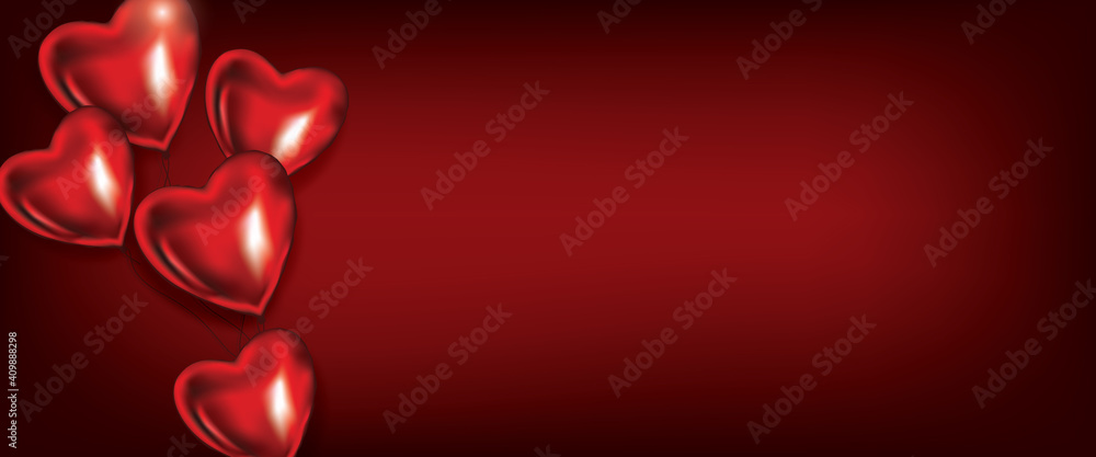 Hearts balloons decoration on red valentine background. Happy Valentines Day Banner with realistic vector helium hearts - obrazy, fototapety, plakaty 
