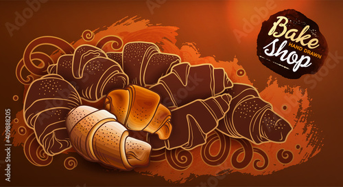 Buns and pastries hand drawn vector doodle colorful illustration.