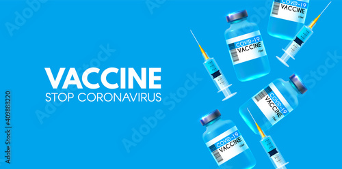 Vector coronavirus vaccine. Stop COVID-19 nCoV 2019 . Vaccine and syringe injection. Medicine infectious concept. Heath care design.
