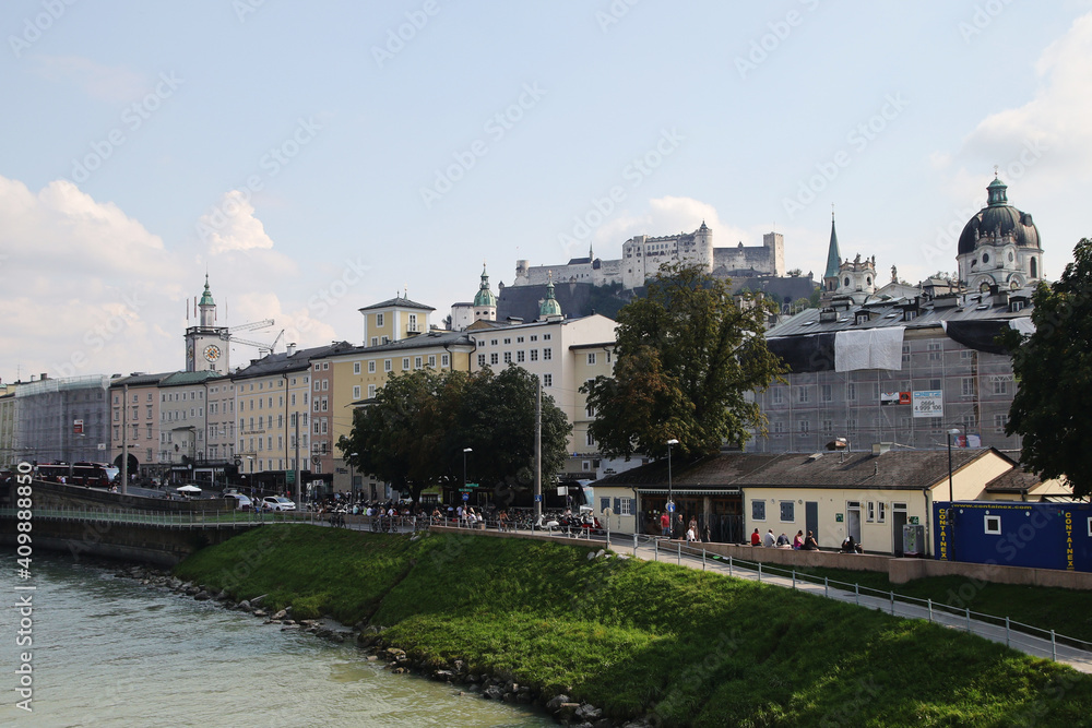 Embankment of the Salzach river in Salzburg, Austria
