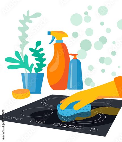 Cleaning concept. Hellow gloved hand cleaning electric cooktop with sponge in kitchen. Vector illustration in flat style
