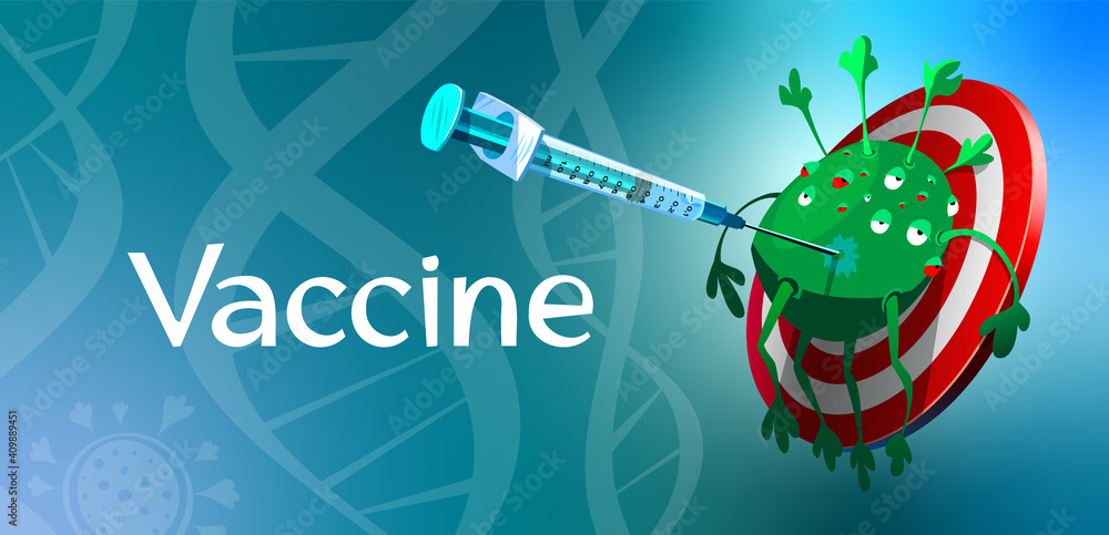 Hitting the target, the syringe pierces the virus. Virus character illustration Hitting the target, the syringe pierces the virus. Virus character illustration
