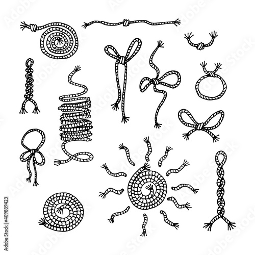 set of rope decorative elements, knot, bows, bundle, plait, loop, vector illustration with black ink lines isolated on a white background in doodle and hand drawn style