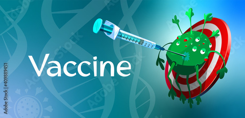 Hitting the target  the syringe pierces the virus. Virus character illustration