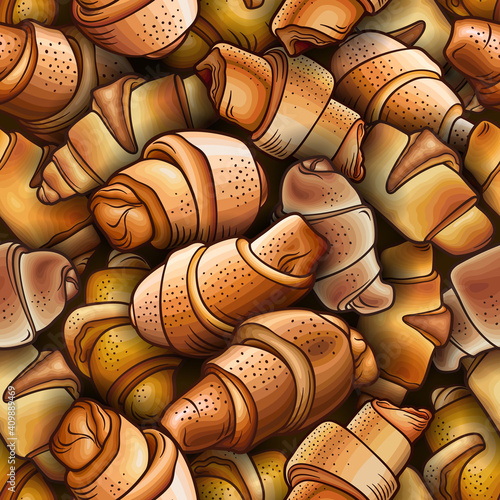 Pastries, buns, croissants seamless pattern
