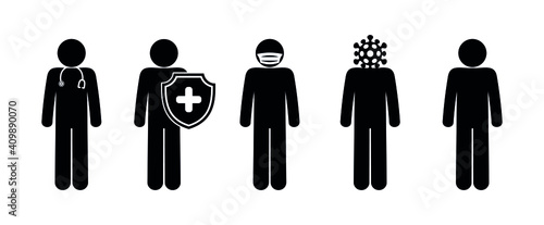 illustration coronavirus, stick figure doctor, icon isolated, pictograms of people at work, medical workers in masks