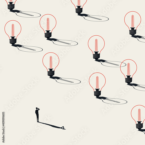 Business creative brainstorming vector concept. Man looking at lightbulbs. Symbol of new ideas.