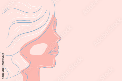Linear portrait of a woman with thick hair in profile. Modern abstract portrait in color. Vector illustration.