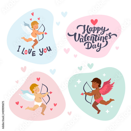 Cupids and angels with bows and arrows. Vector set of cute cupid's for valent...
