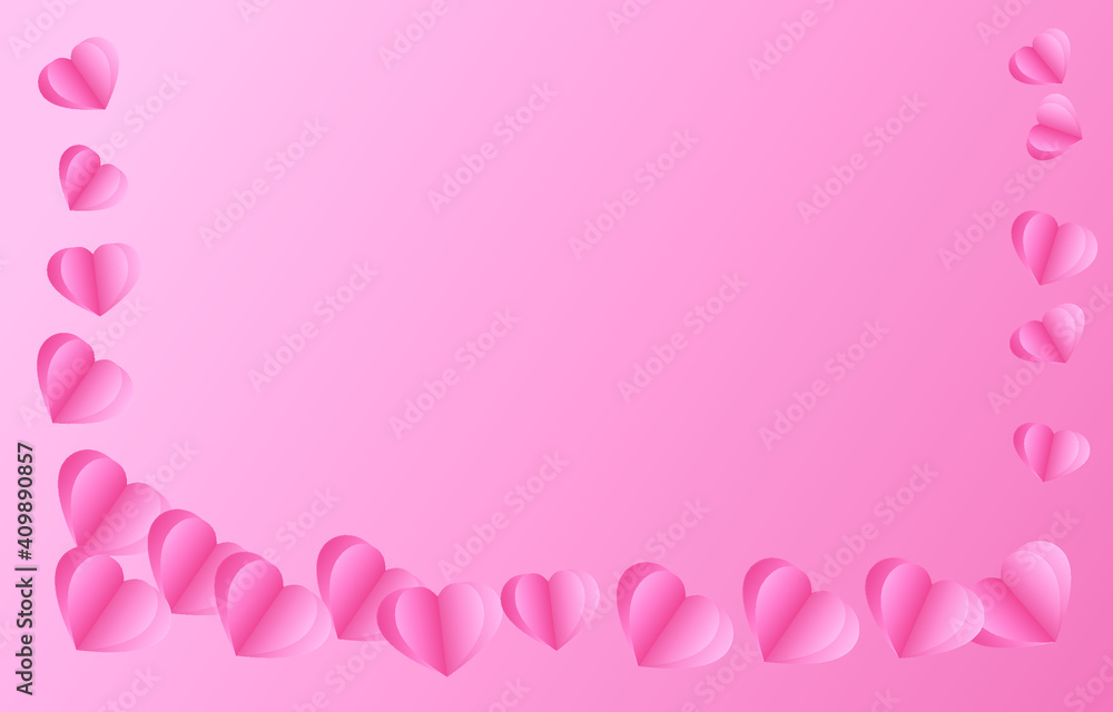 Abstract, paper elements in shape of heart flying on pink background. vector symbols of love for Happy Valentine's Day, birthday greeting card design.