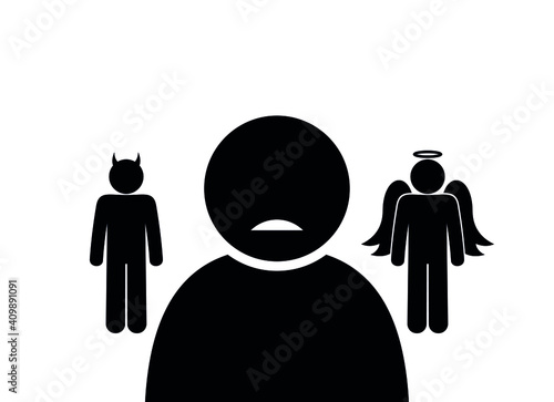 doubt and difficulty of choice illustration, inner conflict, angel and devil on the shoulder of a man, isolated human silhouette