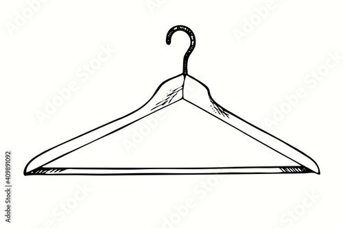 Coat hanger, front view. Ink black and white drawing. Vector outline illustration