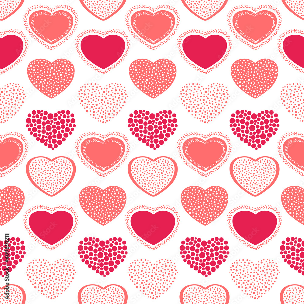 Valentine's Day hand drawn seamless pattern of cute red heart shapes, love symbol. Colorful romantic doodle sketch illustration for greeting card, invitation, wallpaper, wrapping paper, fabric