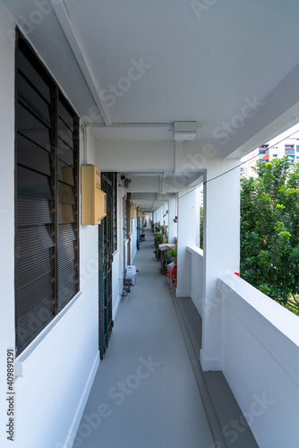 Photography White long corridor from a public housing estate, HDB, Singapore