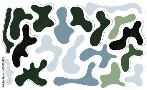 Green and grey rregular blob, set of abstract organic shapes. Abstract irregular random blobs. Simple liquid amorphous splodge. Trendy minimal designs for presentations, banners, posters and flyers.