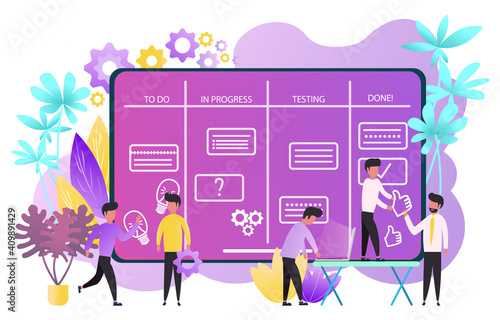 Large board and workers move cards on the kanban board. Communication, work, help, support, interaction, business, project management 