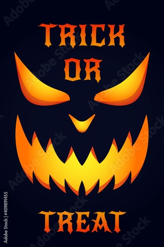 Vector illustration banner with scary pumpkin for Happy Halloween! Poster on a dark background with text and festive scary night elements.