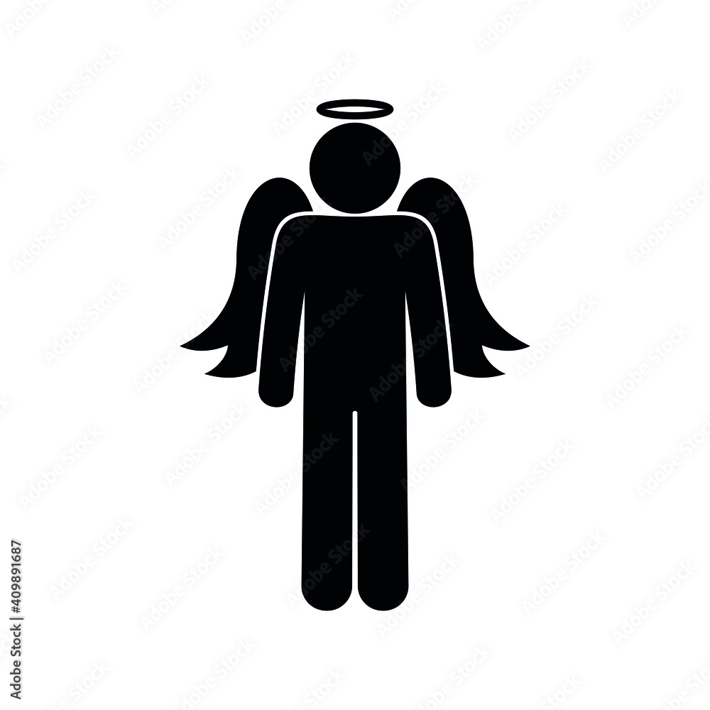 silhouette of angel, isolated pictogram of man with wings and halo