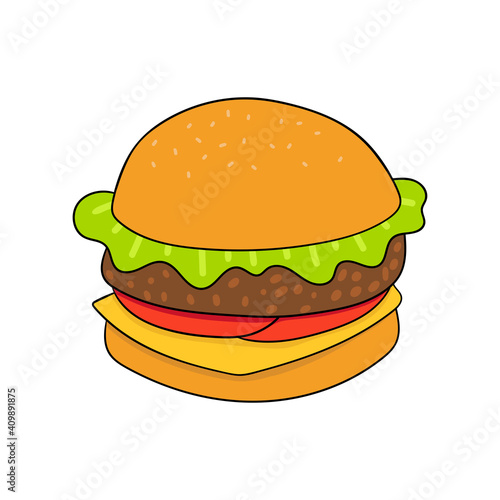Burger  hamburger  cheeseburger  in cartoon style. Isolated objects on white background. Vector illustration. Good for posters  t shirts  postcards. Design concept for cat cafe menu.