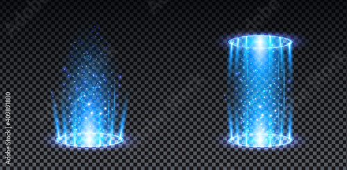 Blue hologram portal. Magic fantasy portal. Magic circle teleport podium with hologram effect. Vector blue glow rays with sparks on transparent background.