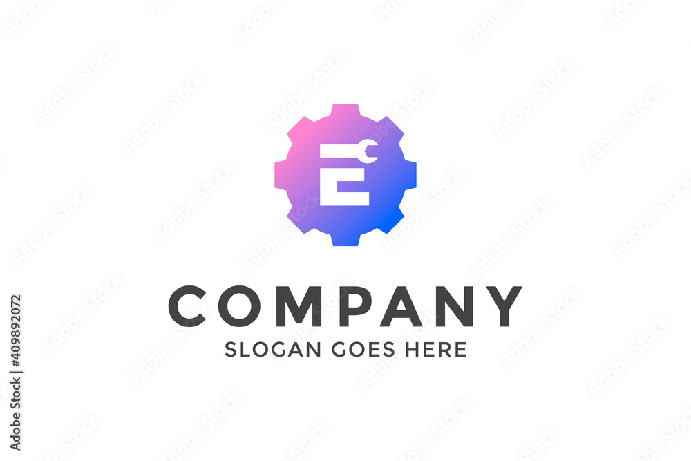 Letter E and construction logo design.Letter E wrench logo template. Letter E and construction logo design.Letter E wrench logo template.