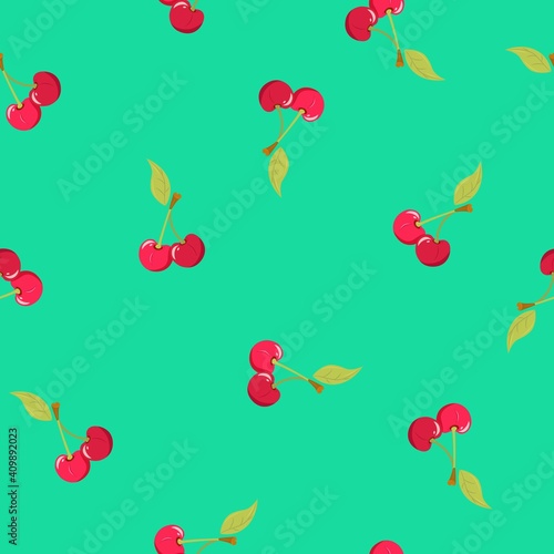 Vector seamless pattern with cherries and strawberries by summer. Endless illustration with delicious tropical fruits and berries.