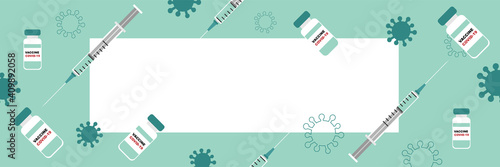 Vaccination against covid-19. Syringes and vaccine doses. Banner with blank space for text