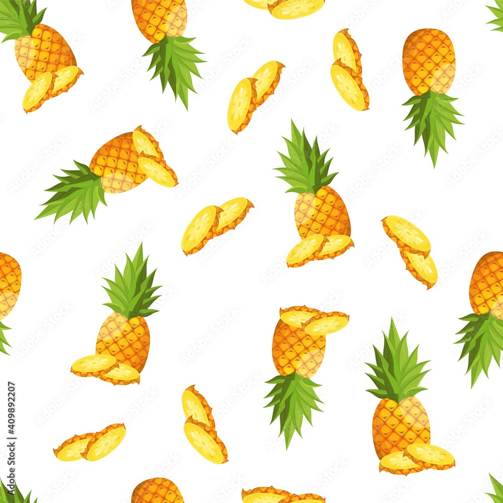 Summer pattern with pineapples. Vector seamless pattern with tropical fruits and their slices. Summer pattern with pineapples. Vector seamless pattern with tropical fruits and their slices.